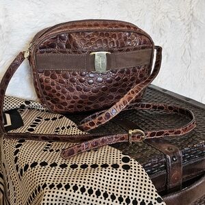 Salvatore Ferragamo Dark Brown Croc-Pattern Crossbody Bag